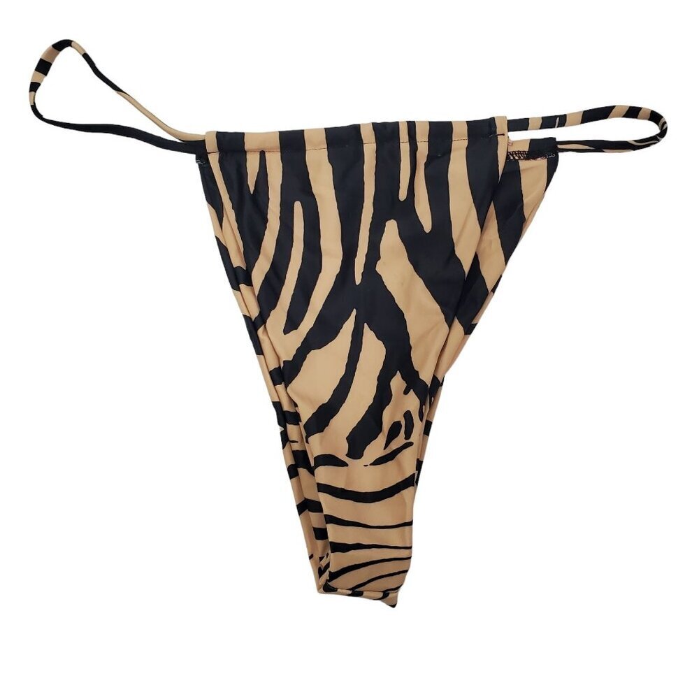 Matte Collection Tan Black Zebra High Cut‎ Cheeky String Bikini Swim Bottoms L